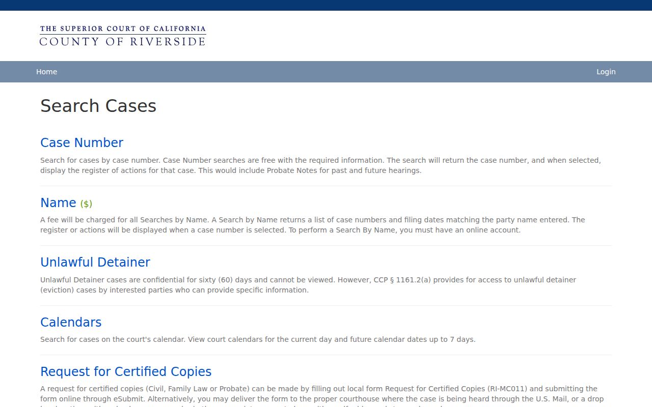 Perris people search in the Riverside Superior Court portal