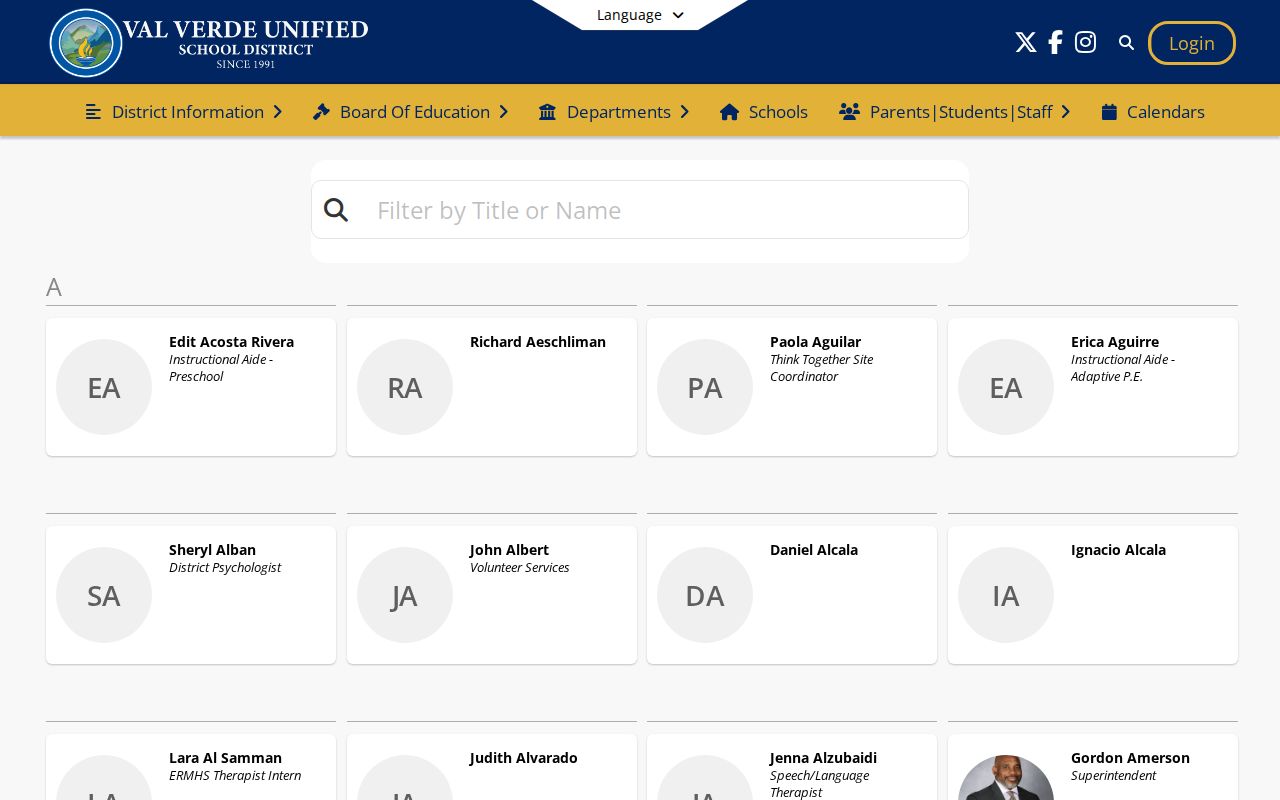 Perris people directories listing for Val Verde Unified school staff