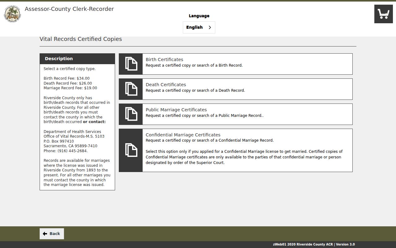 Perris public records certificate choices in the Riverside eVitals portal