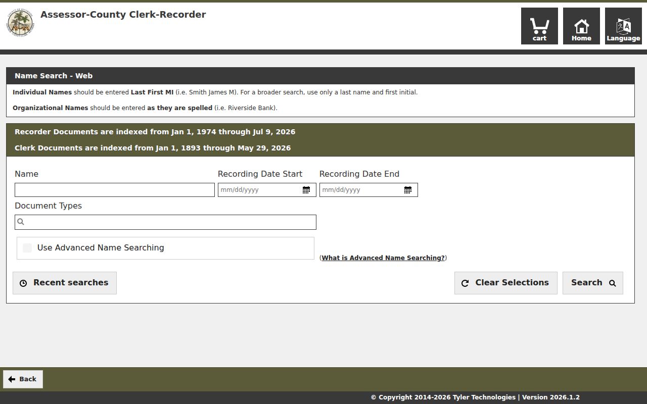 Perris public records fields in the Riverside recorder name search
