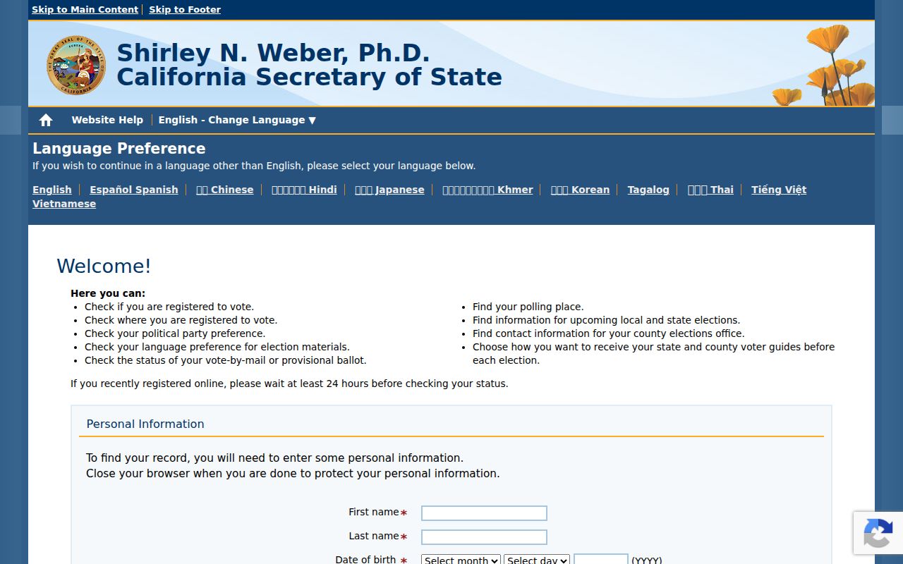 Perris voter registration records lookup in California My Voter Status
